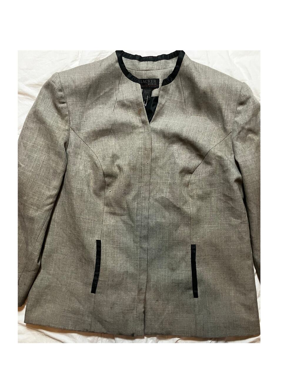 Stanley Blacker Woman Gray Collarless Blazer Black Trim Career Jacket Vintage XL